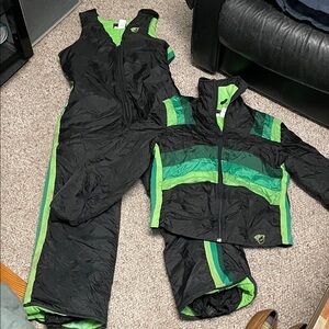 Vintage 70s Black and Green striped 2 pc snow/ski suit Set-